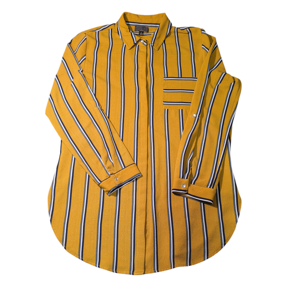 OLM Women's Size L Gold Blue White Striped Button Up Shirt